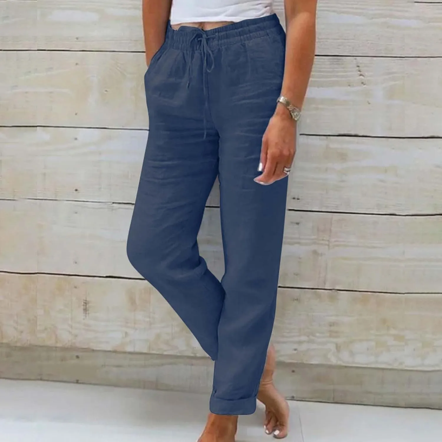 Linen Pants for Women 2025 Loose Fit Drawstring Straight Leg Gauze Pant Lightweight Lounge Beach Vacation Trousers