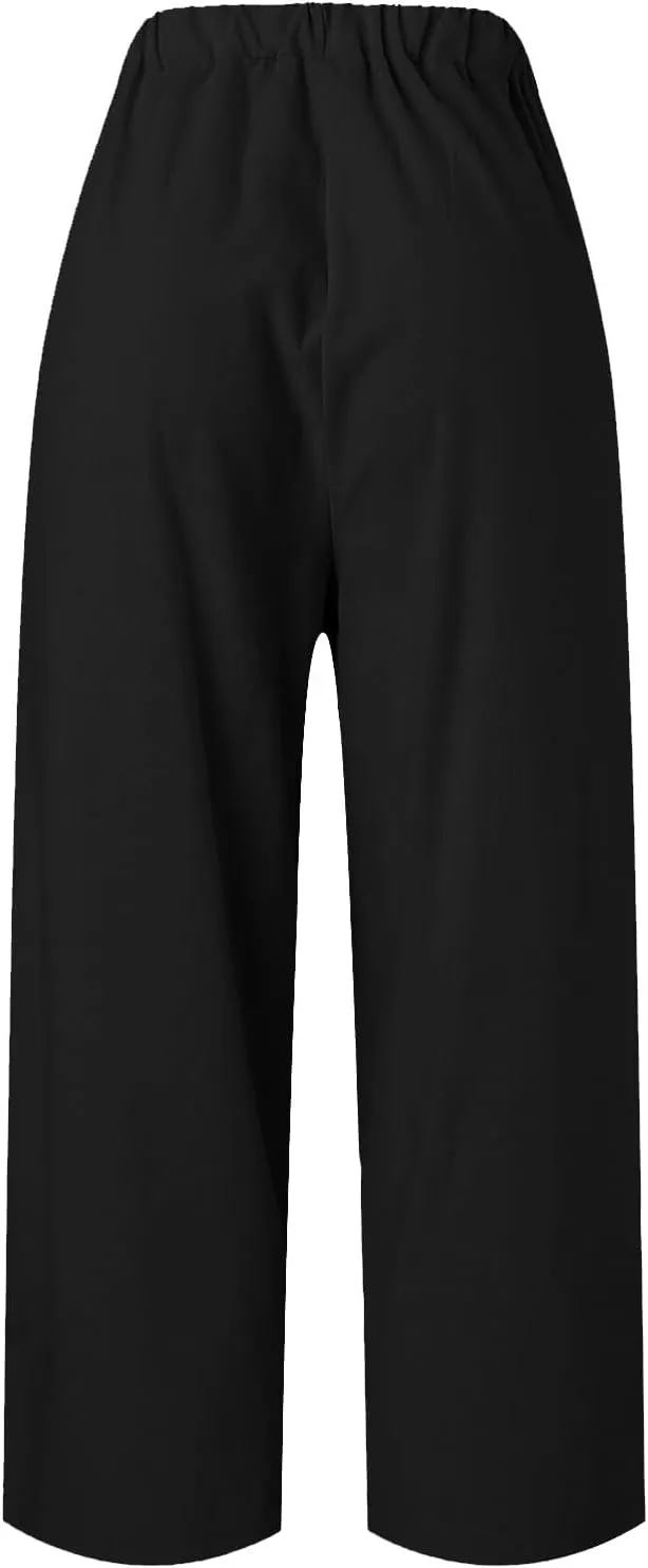 Linen Pants for Women Lightweight Casual Loose High Waist Straight Legs Trousers Summer Beach Yoga Pants with Pockets