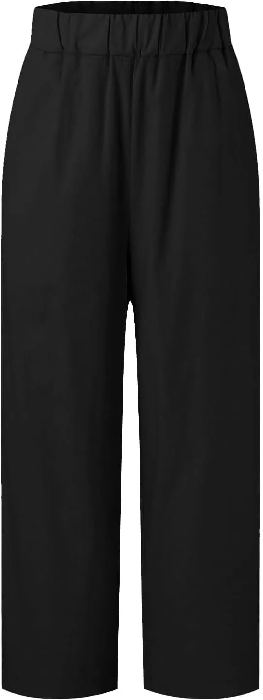 Linen Pants for Women Lightweight Casual Loose High Waist Straight Legs Trousers Summer Beach Yoga Pants with Pockets