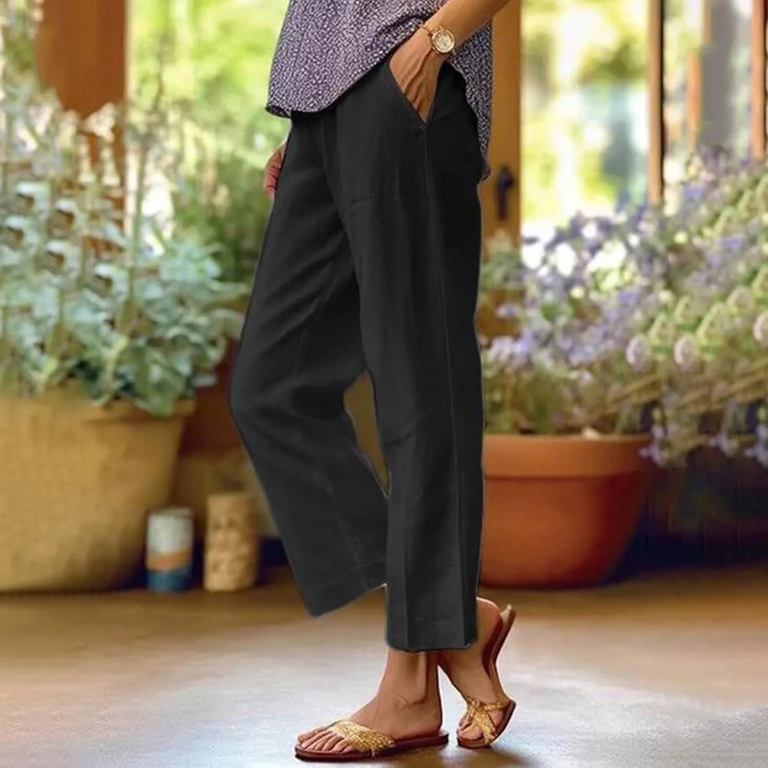 Linen Pants for Women Lightweight Casual Loose High Waist Straight Legs Trousers Summer Beach Yoga Pants with Pockets
