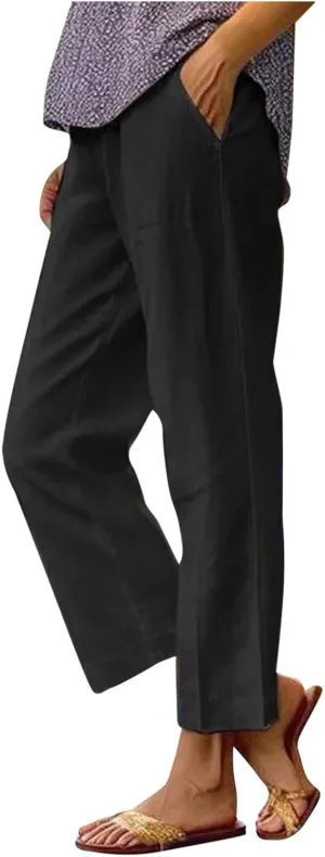 Linen Pants for Women Lightweight Casual Loose High Waist Straight Legs Trousers Summer Beach Yoga Pants with Pockets