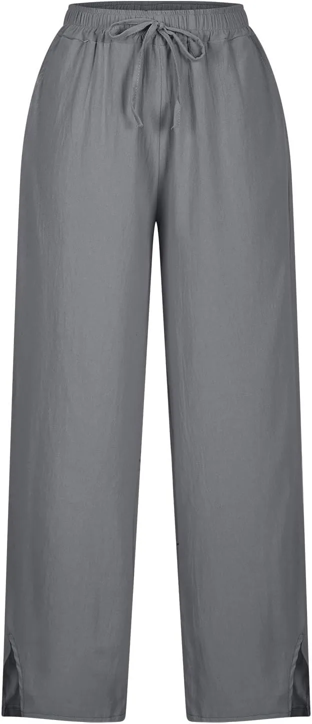 Linen Pants for Women Summer Elastic High Waist Lounge Pant Casual Lightweight Capris Trousers Straight Leg Slacks