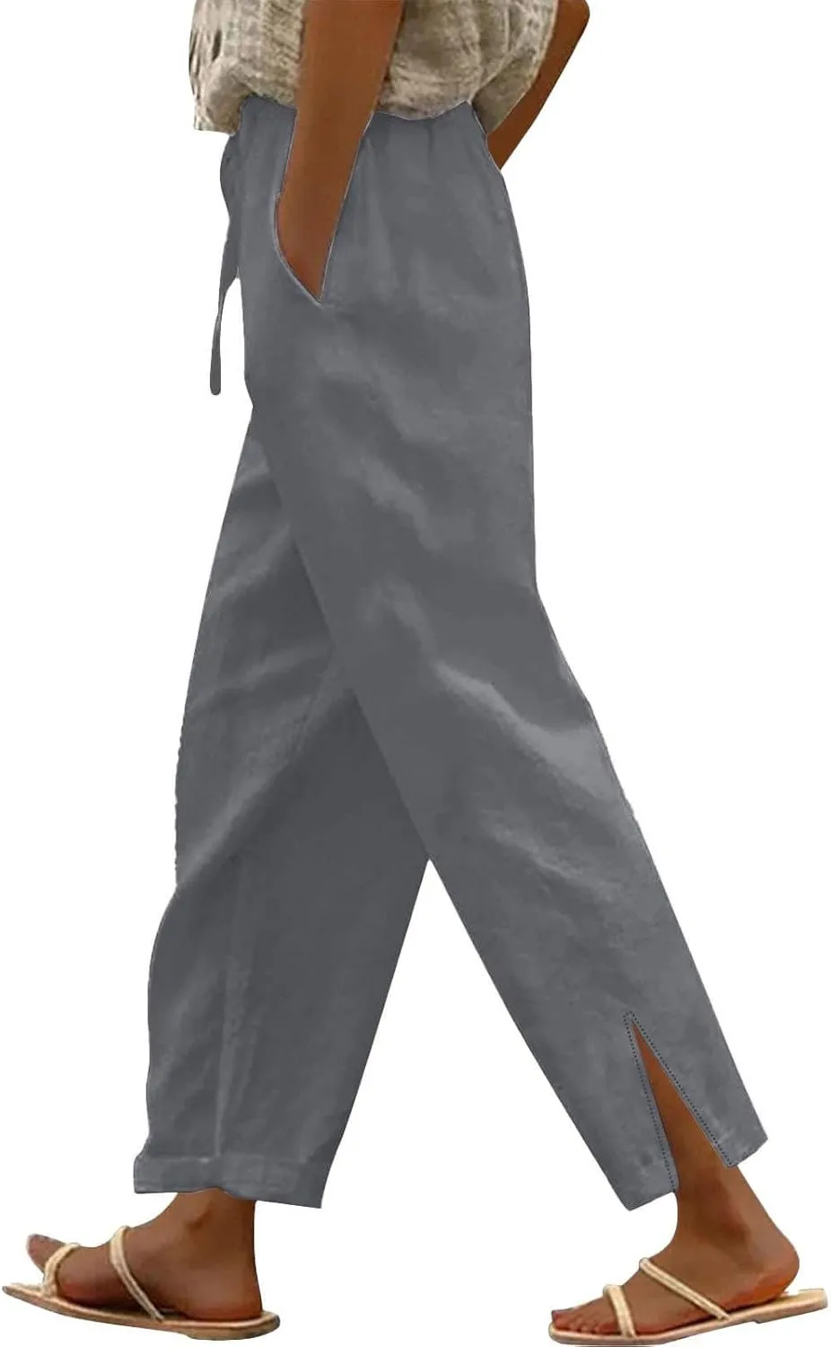 Linen Pants for Women Summer Elastic High Waist Lounge Pant Casual Lightweight Capris Trousers Straight Leg Slacks