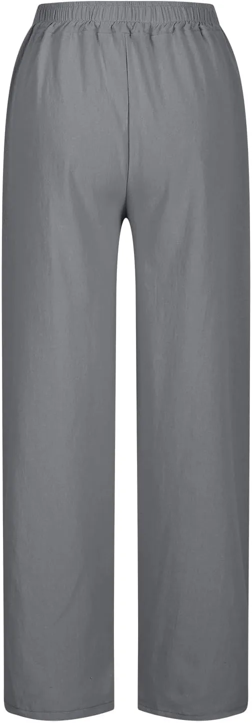 Linen Pants for Women Summer Elastic High Waist Lounge Pant Casual Lightweight Capris Trousers Straight Leg Slacks