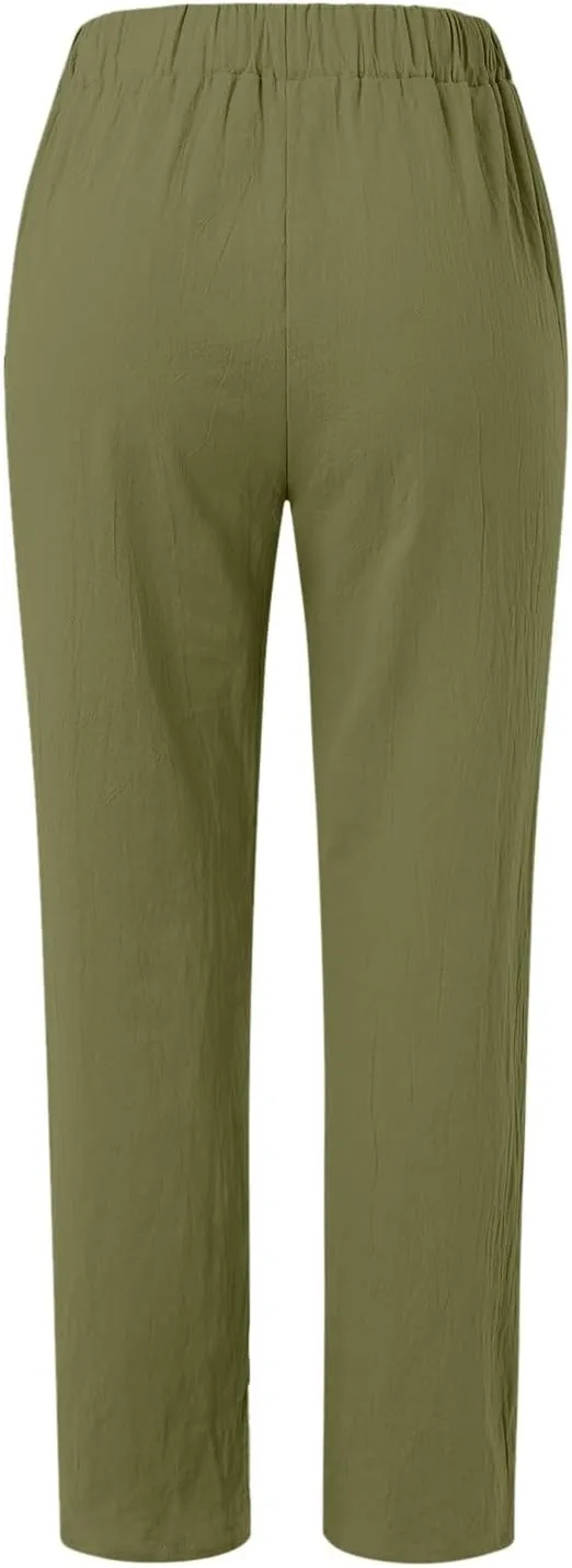 Linen Pants Women Lightweight High Waist Palazzo Trousers with Pockets Casual Solid Going Out Travel Beach Clothes