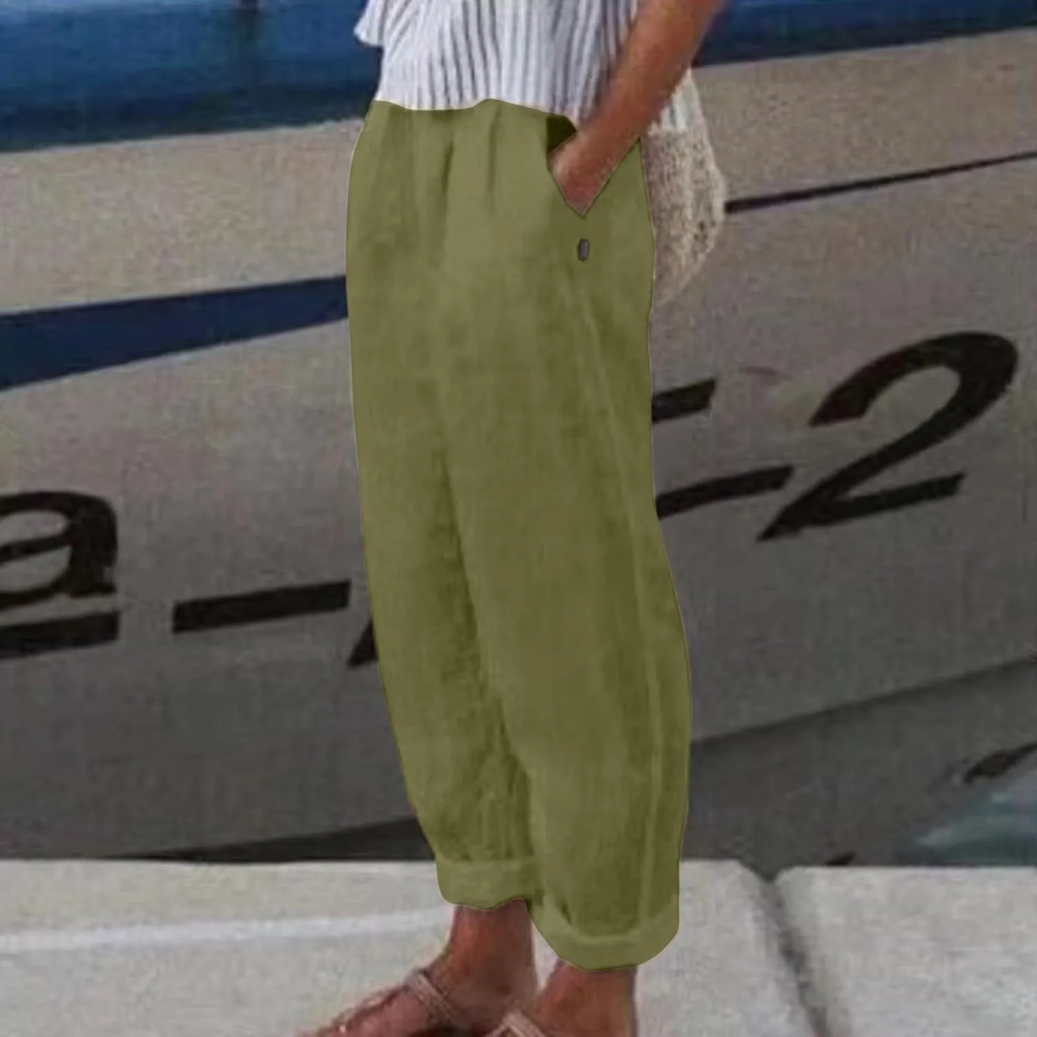 Linen Pants Women Lightweight High Waist Palazzo Trousers with Pockets Casual Solid Going Out Travel Beach Clothes