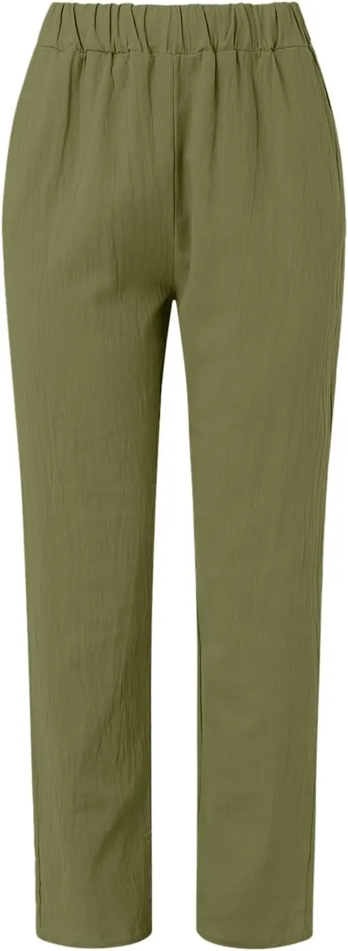 Linen Pants Women Lightweight High Waist Palazzo Trousers with Pockets Casual Solid Going Out Travel Beach Clothes