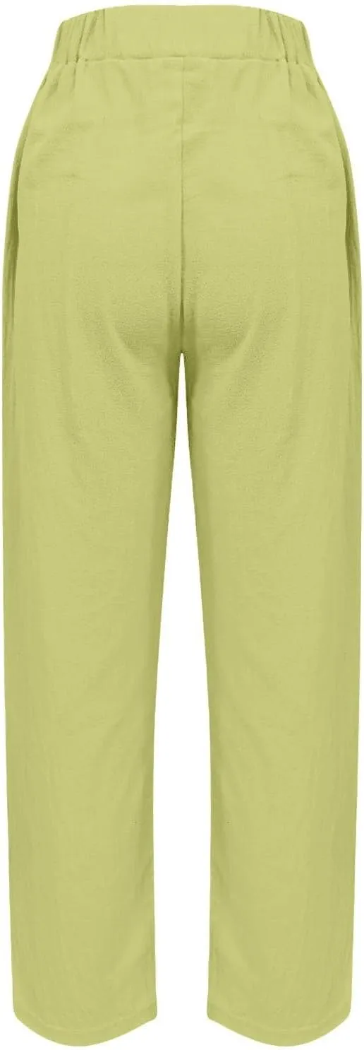 Linen Pants Women Summer Cotton Linen Capri Pants Casual Cropped Trouser sTapered Leg Sweatpants Loose Beach Pants