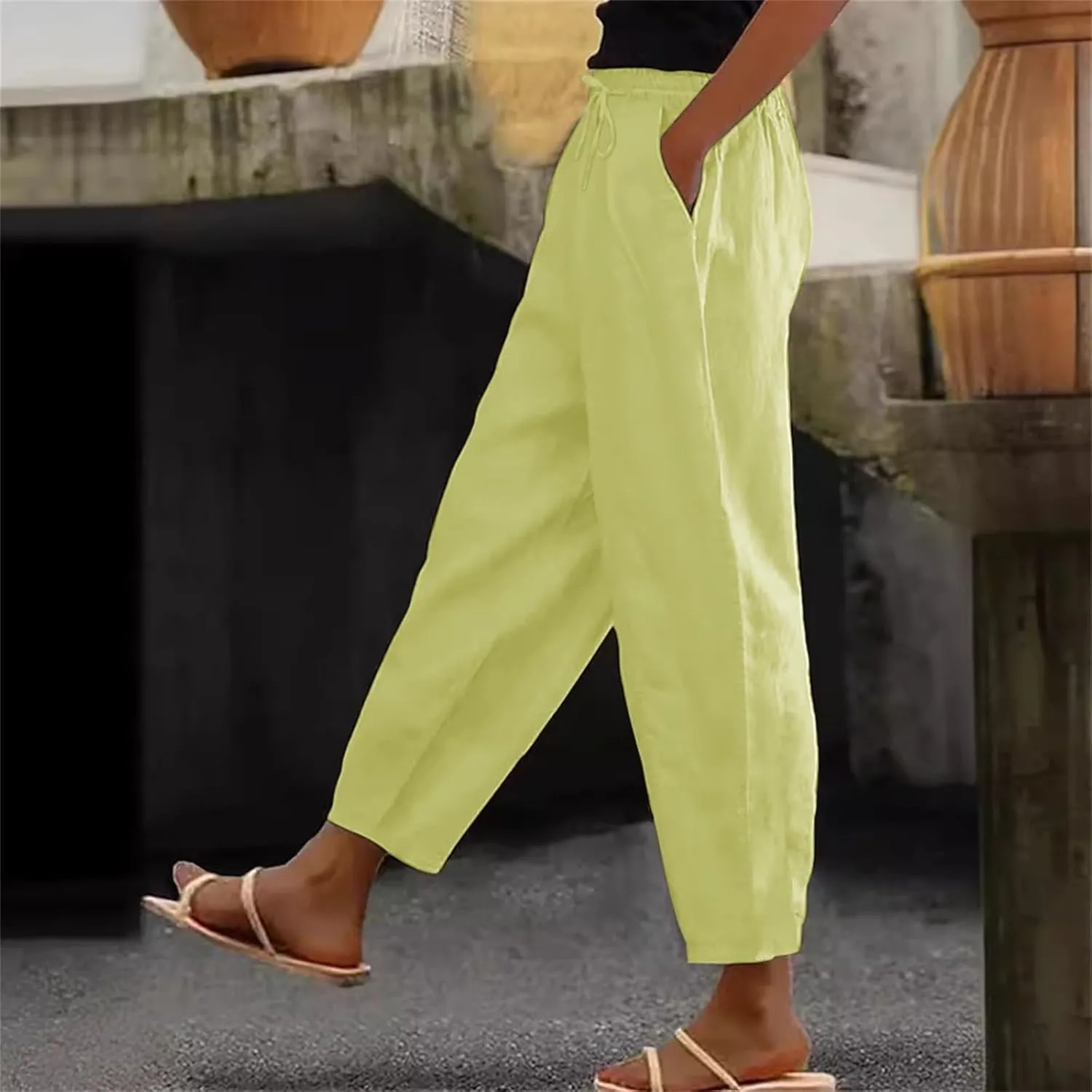 Linen Pants Women Summer Cotton Linen Capri Pants Casual Cropped Trouser sTapered Leg Sweatpants Loose Beach Pants