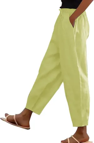 Linen Pants Women Summer Cotton Linen Capri Pants Casual Cropped Trouser sTapered Leg Sweatpants Loose Beach Pants
