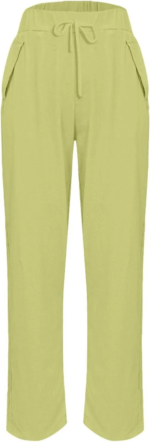 Linen Pants Women Summer Cotton Linen Capri Pants Casual Cropped Trouser sTapered Leg Sweatpants Loose Beach Pants