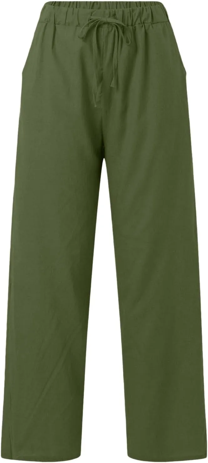 Linen Wide Leg Pants for Women Casual Summer Elastic Waist Beach Pants Loose Fit Flowy Lounge Trousers with Pockets