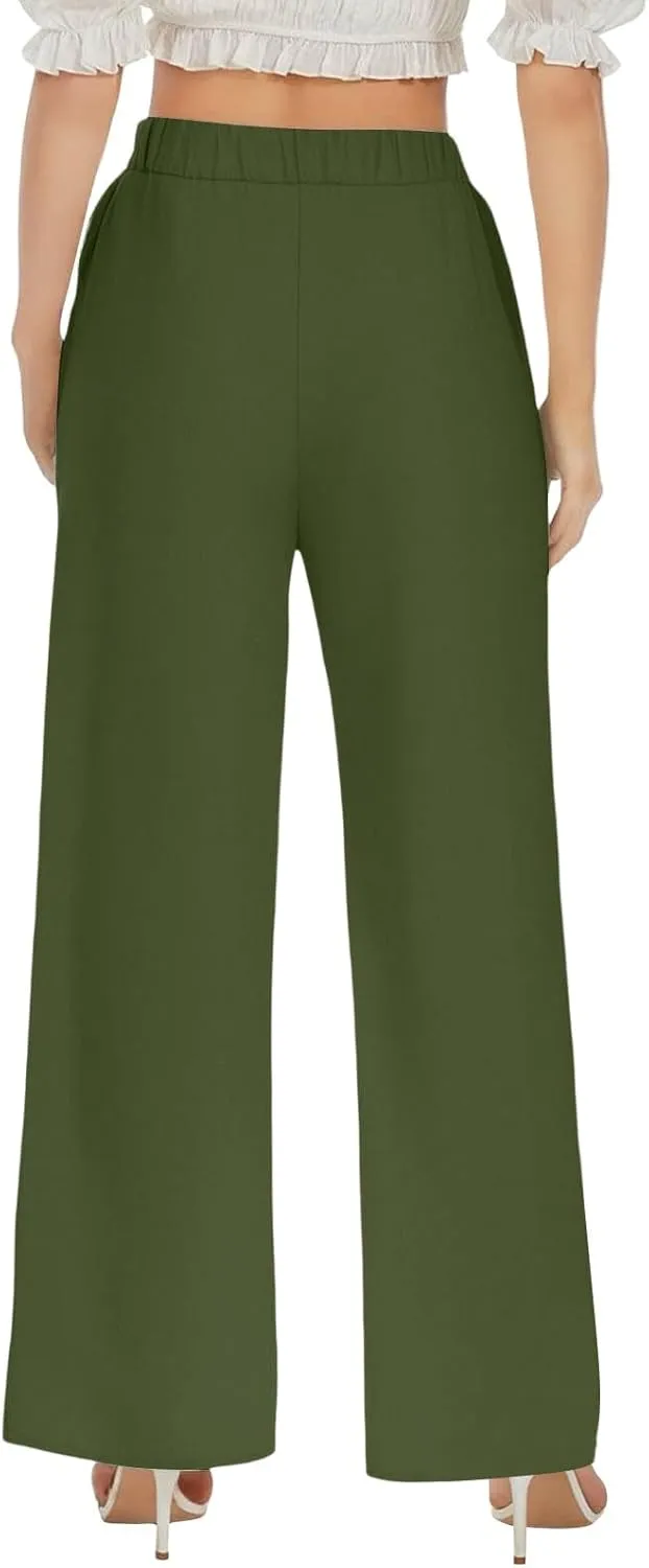 Linen Wide Leg Pants for Women Casual Summer Elastic Waist Beach Pants Loose Fit Flowy Lounge Trousers with Pockets