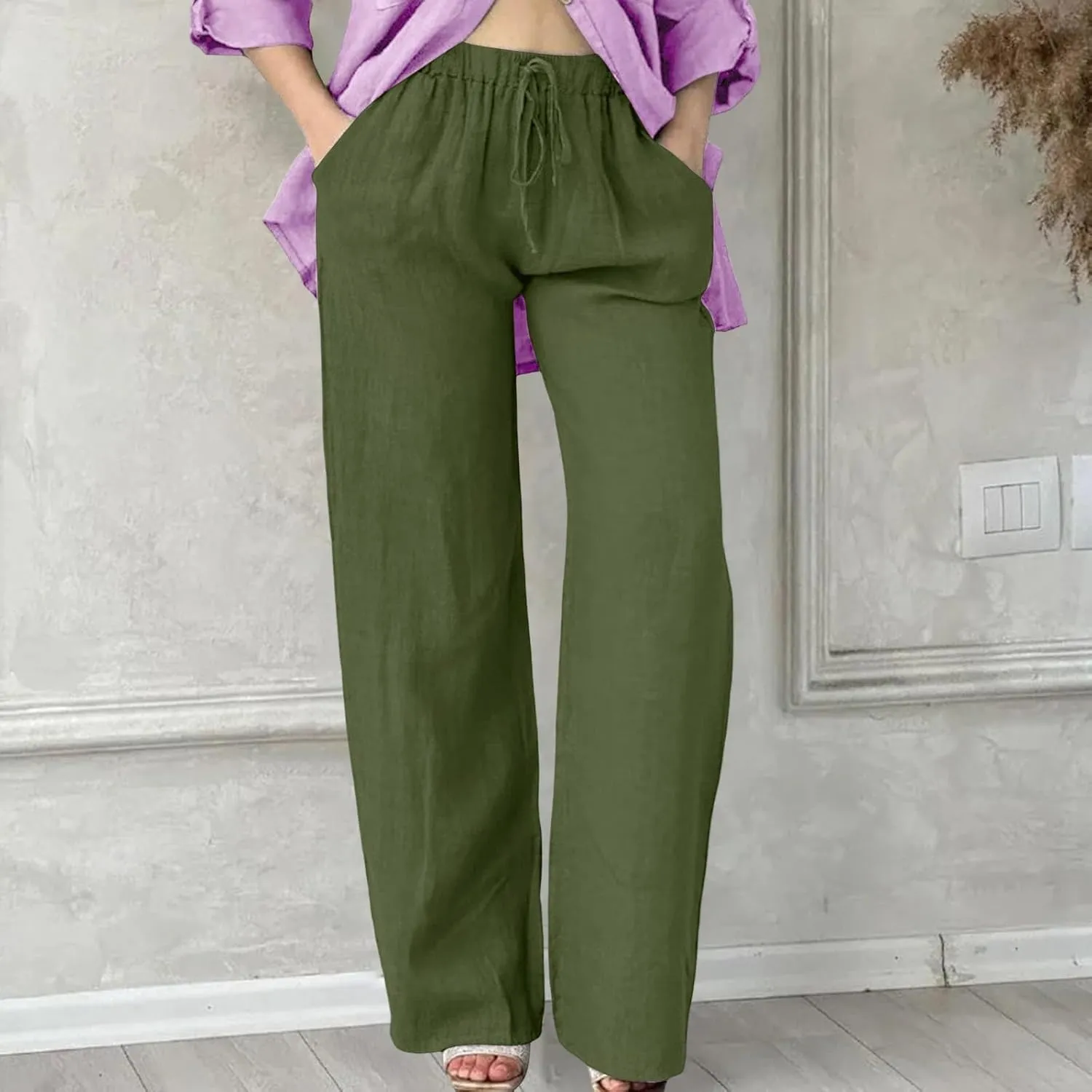 Linen Wide Leg Pants for Women Casual Summer Elastic Waist Beach Pants Loose Fit Flowy Lounge Trousers with Pockets