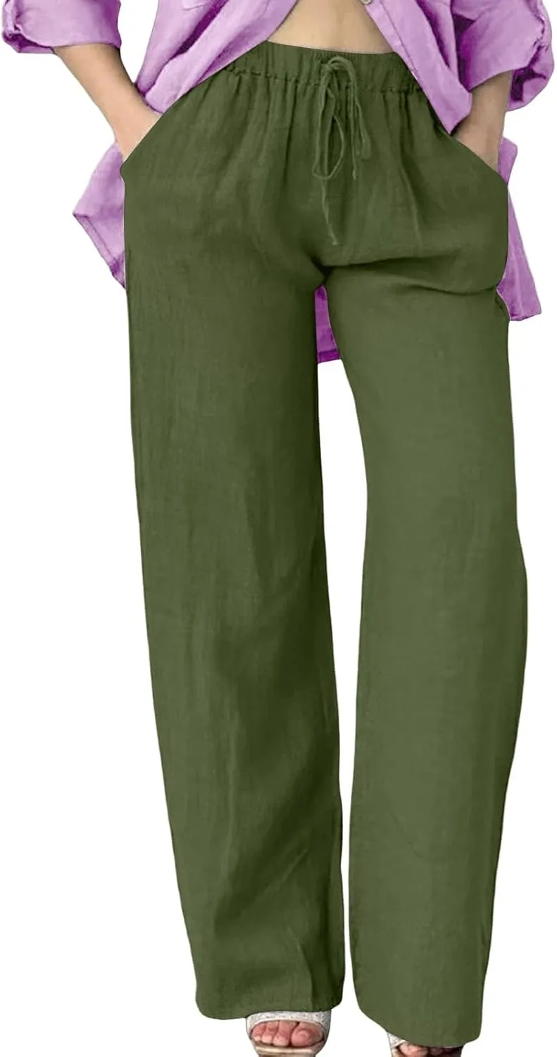Linen Wide Leg Pants for Women Casual Summer Elastic Waist Beach Pants Loose Fit Flowy Lounge Trousers with Pockets