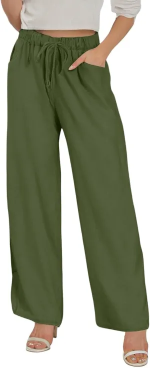 Linen Wide Leg Pants for Women Casual Summer Elastic Waist Beach Pants Loose Fit Flowy Lounge Trousers with Pockets