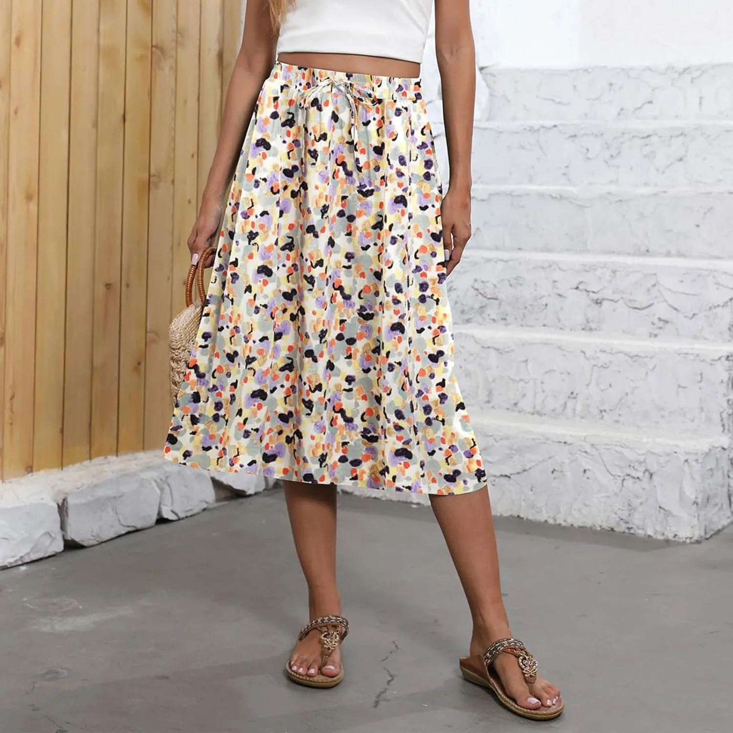 Long Skirts for Women Summer Casual Country Cute Beach Smocked Festival Floral Business Flutter Travel Flowy Skirts