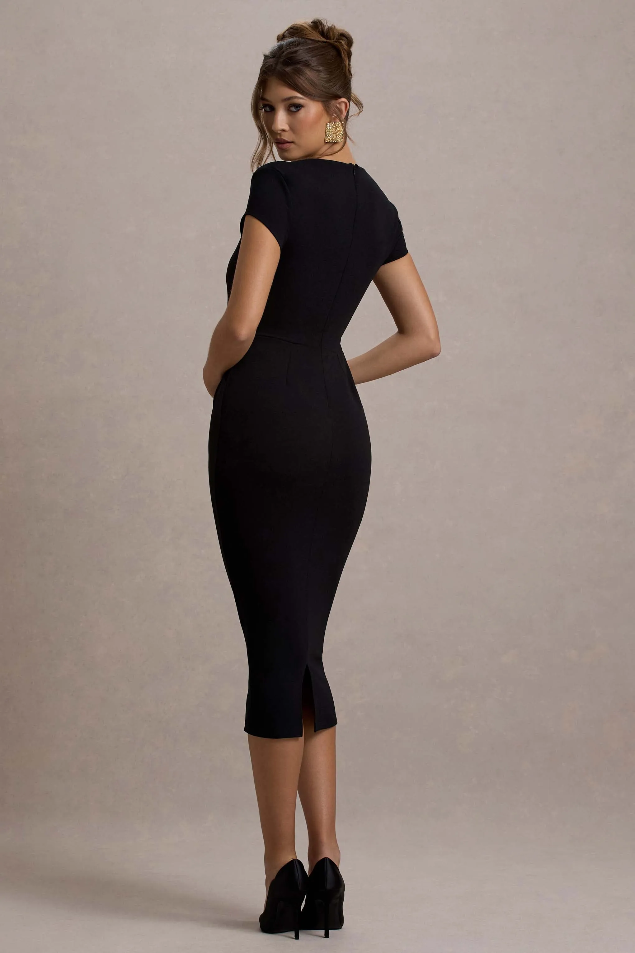 Lorenzie | Black Square-Neck Short-Sleeve Twist Midi Dress