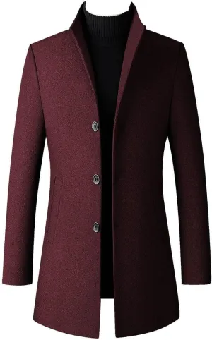 Lu's Chic Men's Slim Fit Wool Jackets & Coats Quilted Single Breasted Top Coat Business Casual Band Collar Trench Coats