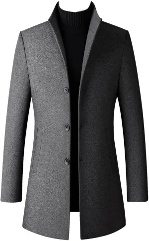Lu's Chic Men's Slim Fit Wool Jackets & Coats Quilted Single Breasted Top Coat Business Casual Band Collar Trench Coats