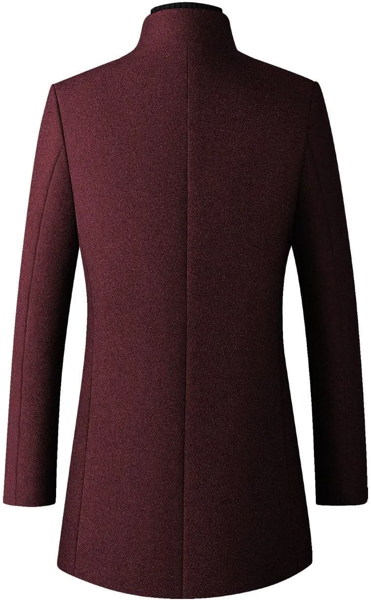 Lu's Chic Men's Slim Fit Wool Jackets & Coats Quilted Single Breasted Top Coat Business Casual Band Collar Trench Coats