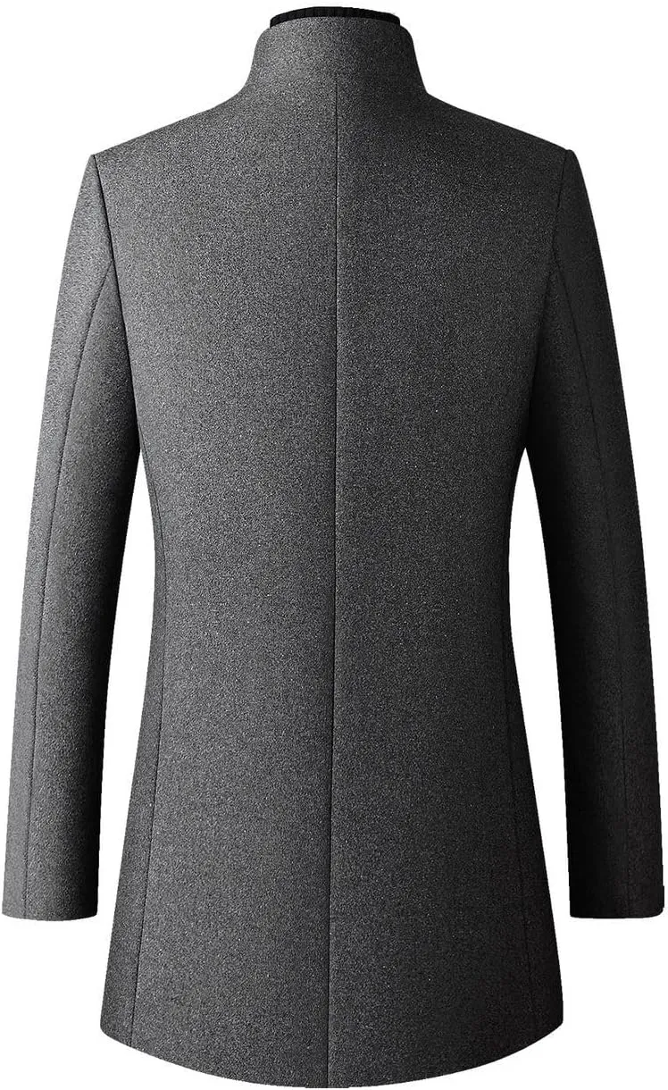 Lu's Chic Men's Slim Fit Wool Jackets & Coats Quilted Single Breasted Top Coat Business Casual Band Collar Trench Coats