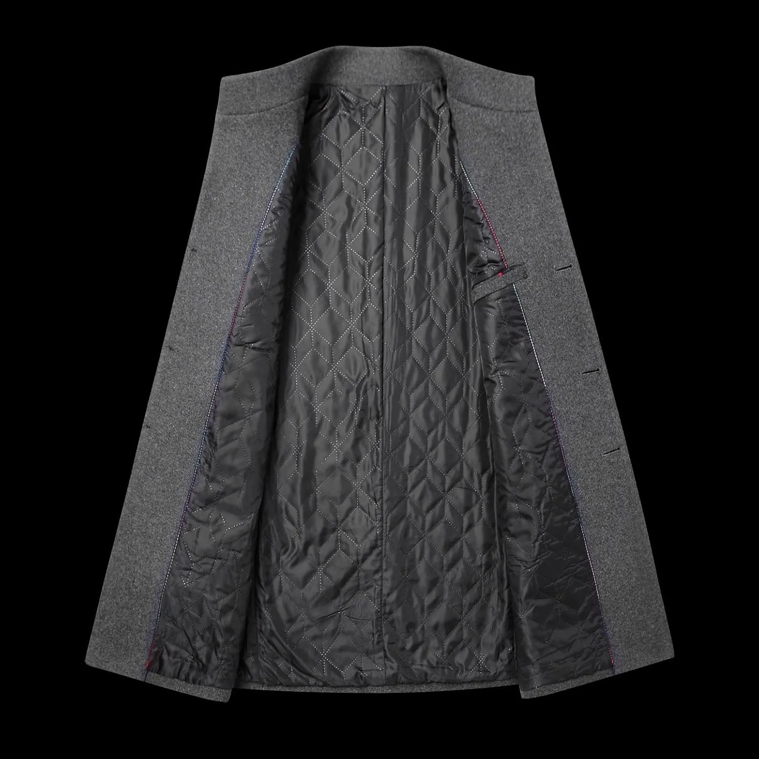 Lu's Chic Men's Slim Fit Wool Jackets & Coats Quilted Single Breasted Top Coat Business Casual Band Collar Trench Coats