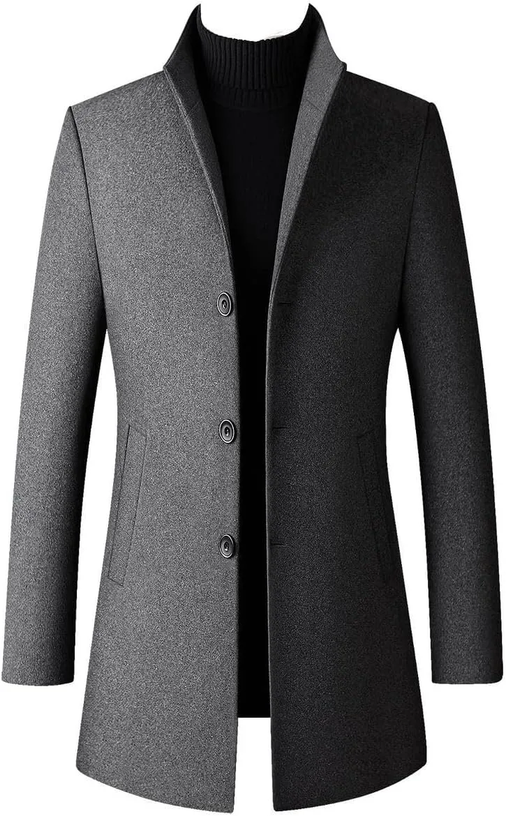 Lu's Chic Men's Slim Fit Wool Jackets & Coats Quilted Single Breasted Top Coat Business Casual Band Collar Trench Coats
