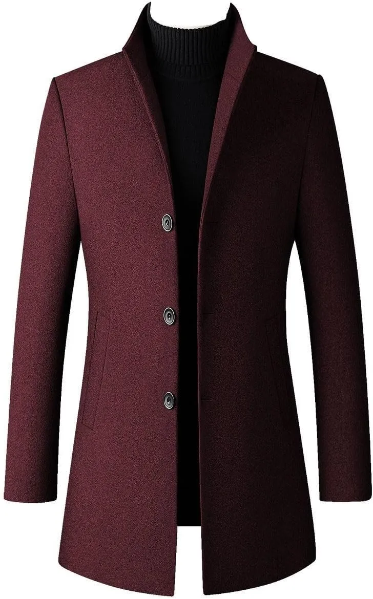 Lu's Chic Men's Slim Fit Wool Jackets & Coats Quilted Single Breasted Top Coat Business Casual Band Collar Trench Coats