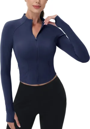 MAGCOMSEN Womens Lightweight Athletic Jacket Cropped Zip Up Workout Jackets Long Sleeve Yoga Tops Slim Fit Running Gym