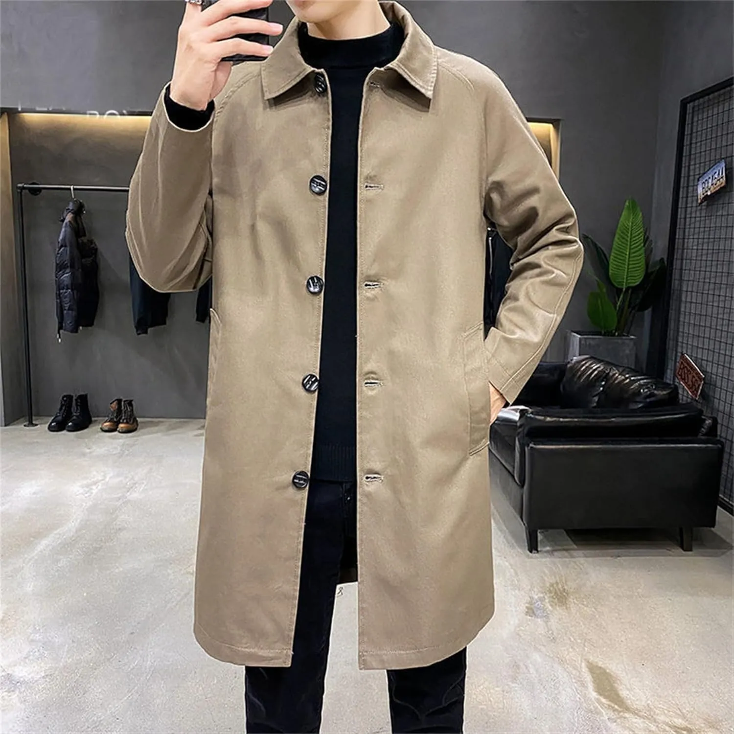Maiyifu-GJ Mens Windbreaker Lapel Trench Coat Spring Fall Windproof Overcoat Casual Slim fit Single Breasted Long Jacket