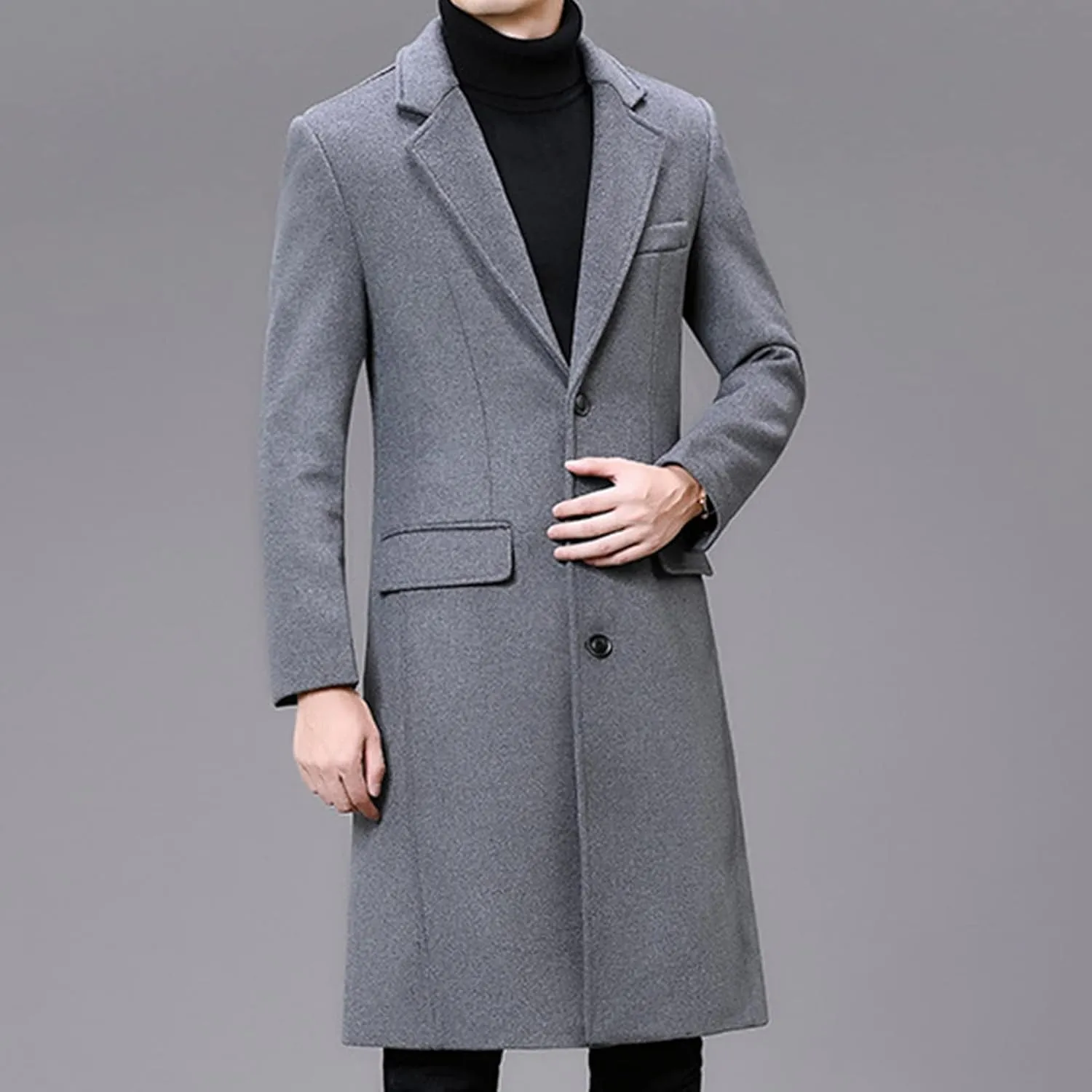 Maiyifu-GJ Men's Wool Blend Long Trench Coat Single Breasted Business Jacket Winter Notched Lapel Top Pea Coats Overcoat