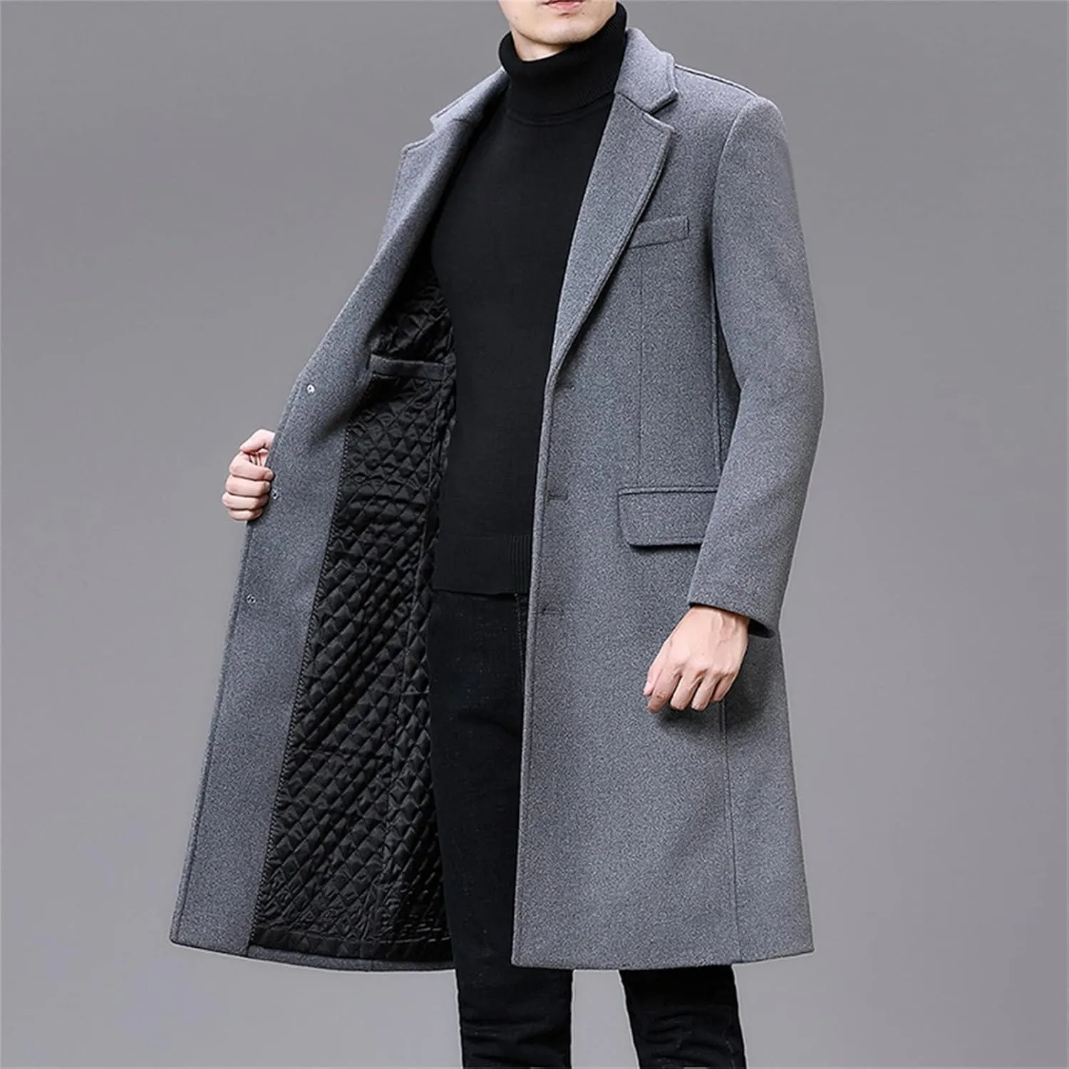 Maiyifu-GJ Men's Wool Blend Long Trench Coat Single Breasted Business Jacket Winter Notched Lapel Top Pea Coats Overcoat