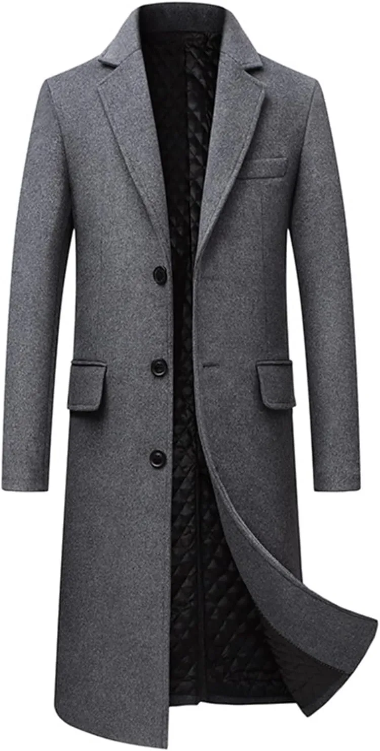 Maiyifu-GJ Men's Wool Blend Long Trench Coat Single Breasted Business Jacket Winter Notched Lapel Top Pea Coats Overcoat