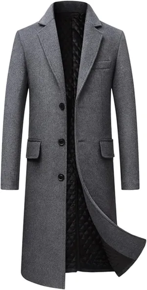 Maiyifu-GJ Men's Wool Blend Long Trench Coat Single Breasted Business Jacket Winter Notched Lapel Top Pea Coats Overcoat