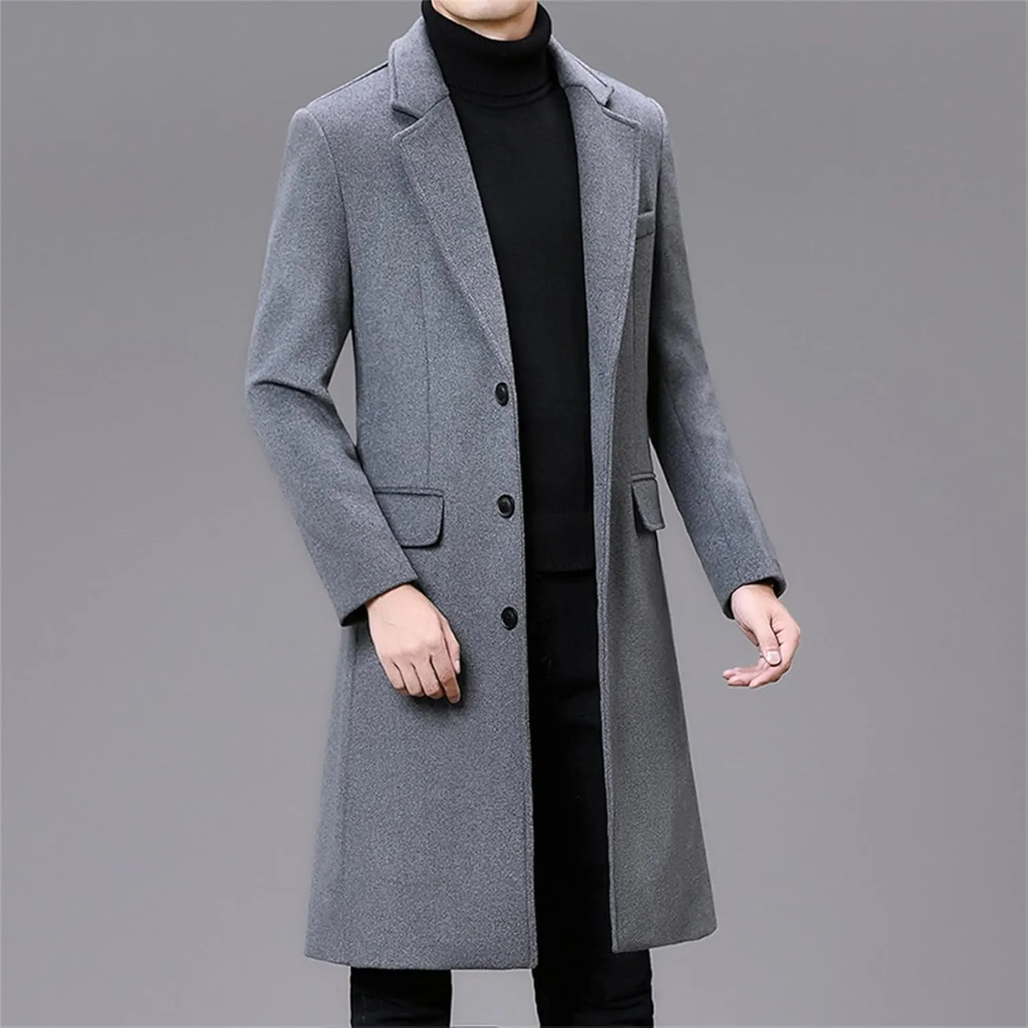 Maiyifu-GJ Men's Wool Blend Long Trench Coat Single Breasted Business Jacket Winter Notched Lapel Top Pea Coats Overcoat