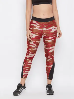 Maroon Camouflage Print Ankle-Length Tights