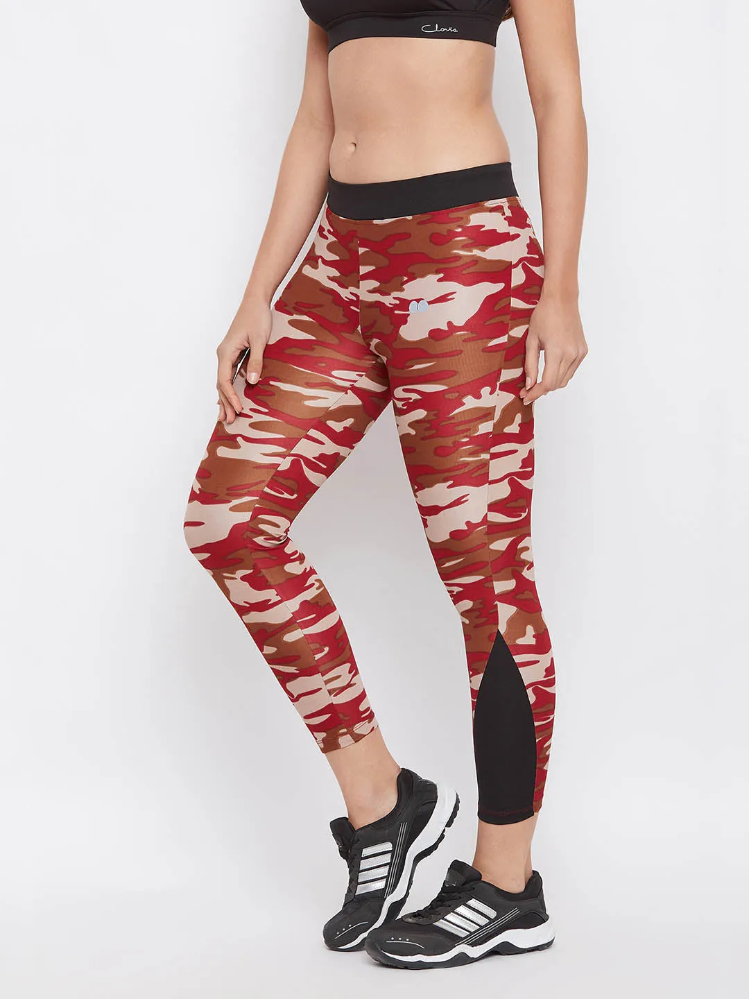 Maroon Camouflage Print Ankle-Length Tights