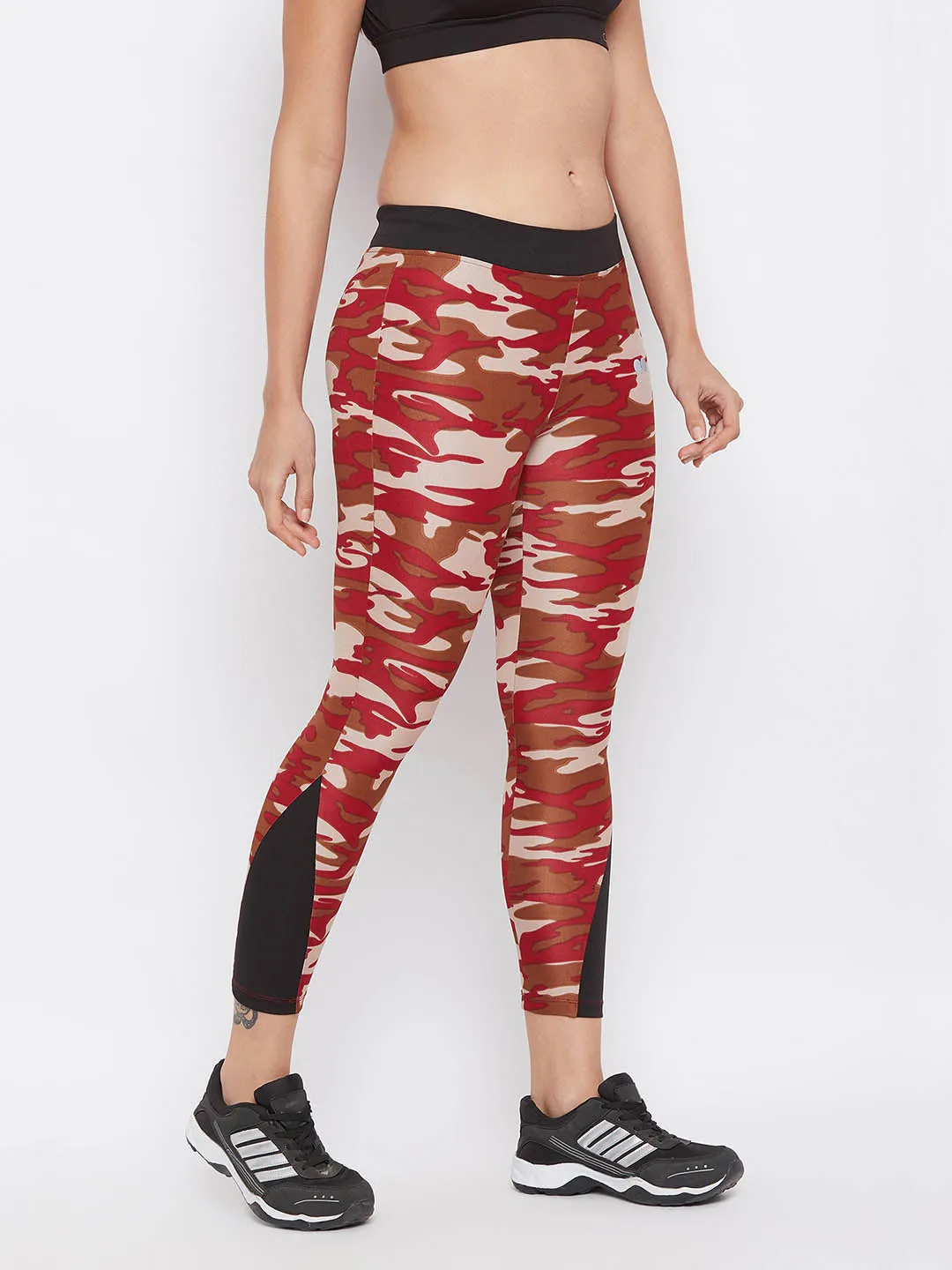 Maroon Camouflage Print Ankle-Length Tights