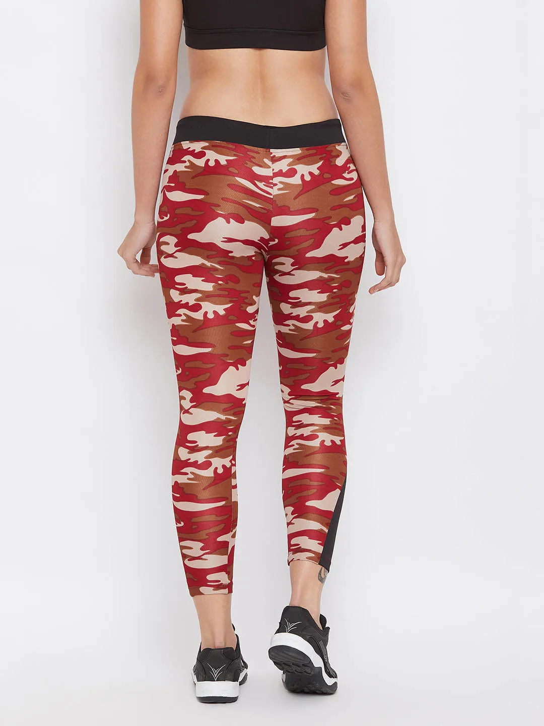 Maroon Camouflage Print Ankle-Length Tights