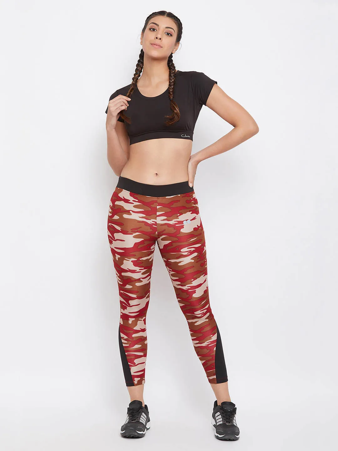 Maroon Camouflage Print Ankle-Length Tights
