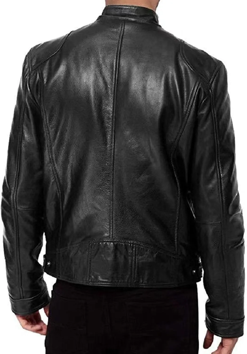 Men Leather Motorcycle Jacket Stand Collar Faux Leather Jackets Zip-Up Slim Fit Biker Coat