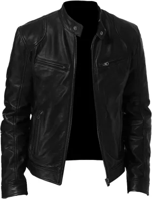Men Leather Motorcycle Jacket Stand Collar Faux Leather Jackets Zip-Up Slim Fit Biker Coat