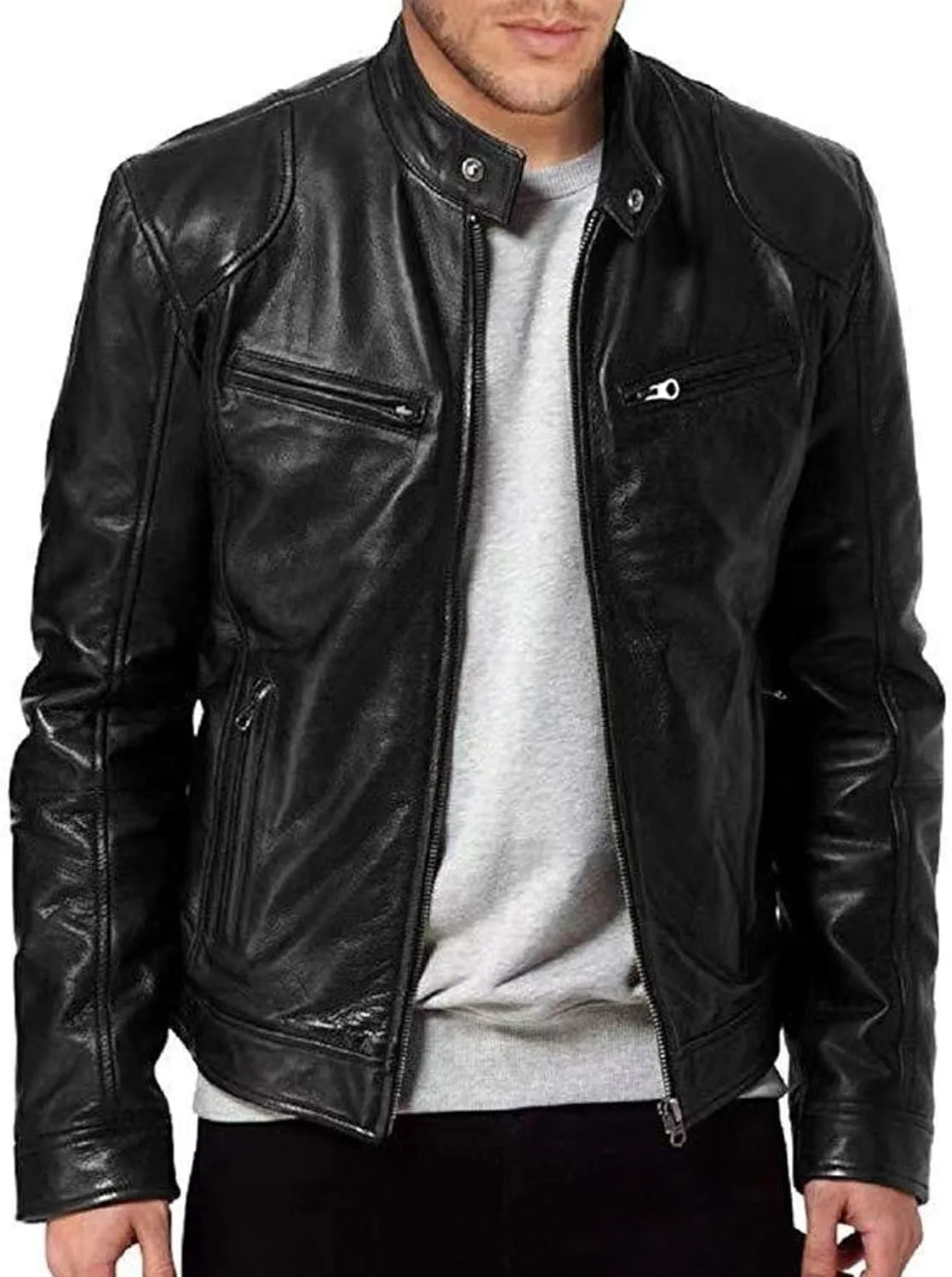 Men Leather Motorcycle Jacket Stand Collar Faux Leather Jackets Zip-Up Slim Fit Biker Coat