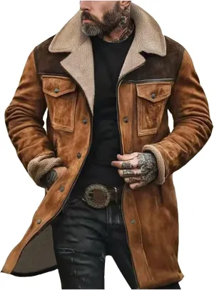 Men Vintage Suede Jacket Plush Collar Coats Faux Leather Winter Long Jackets Men Zip Up Motorcycle Jacket Coats Retro