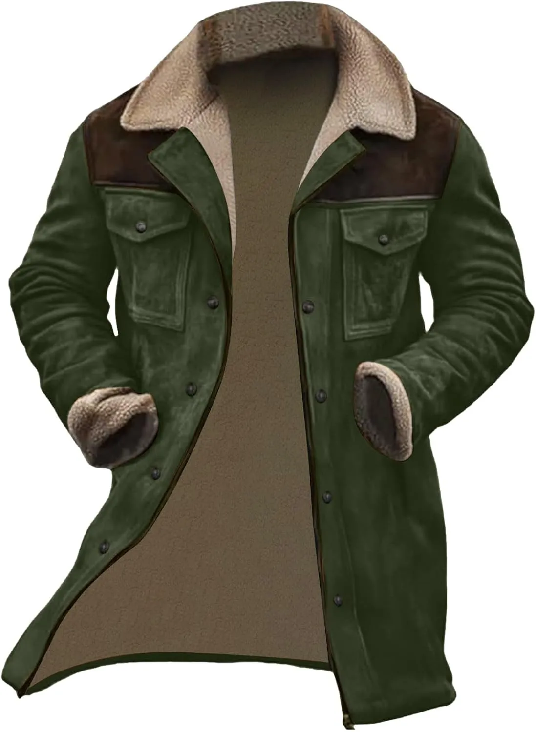 Men Vintage Suede Jacket Plush Collar Coats Faux Leather Winter Long Jackets Men Zip Up Motorcycle Jacket Coats Retro
