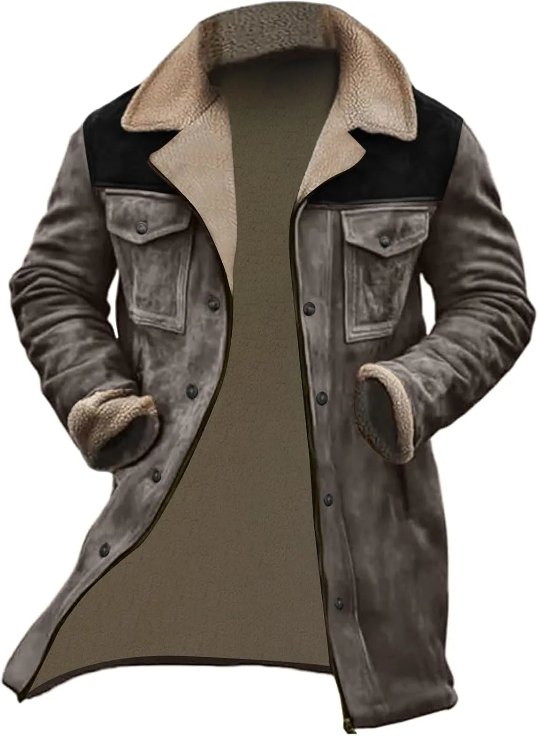 Men Vintage Suede Jacket Plush Collar Coats Faux Leather Winter Long Jackets Men Zip Up Motorcycle Jacket Coats Retro