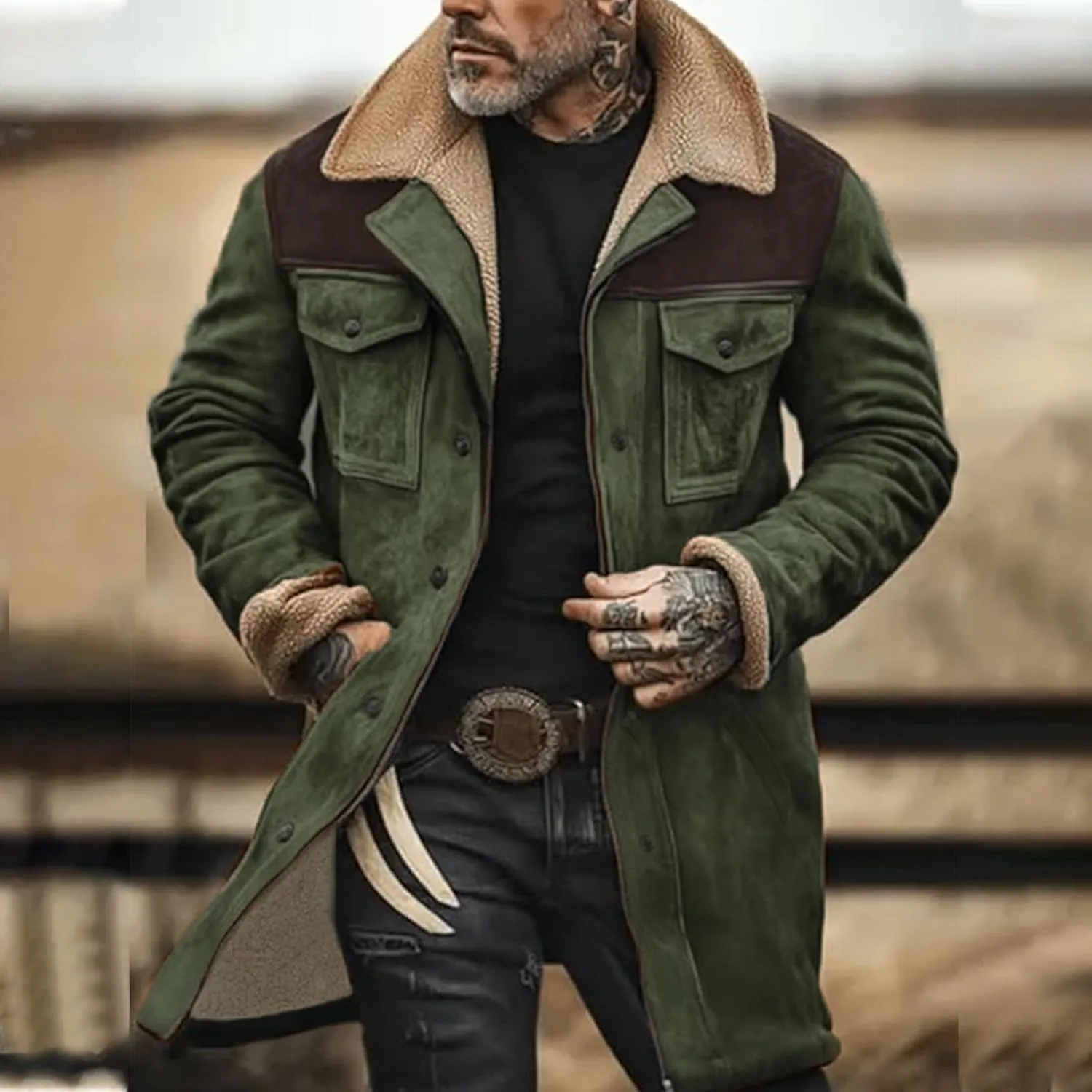 Men Vintage Suede Jacket Plush Collar Coats Faux Leather Winter Long Jackets Men Zip Up Motorcycle Jacket Coats Retro
