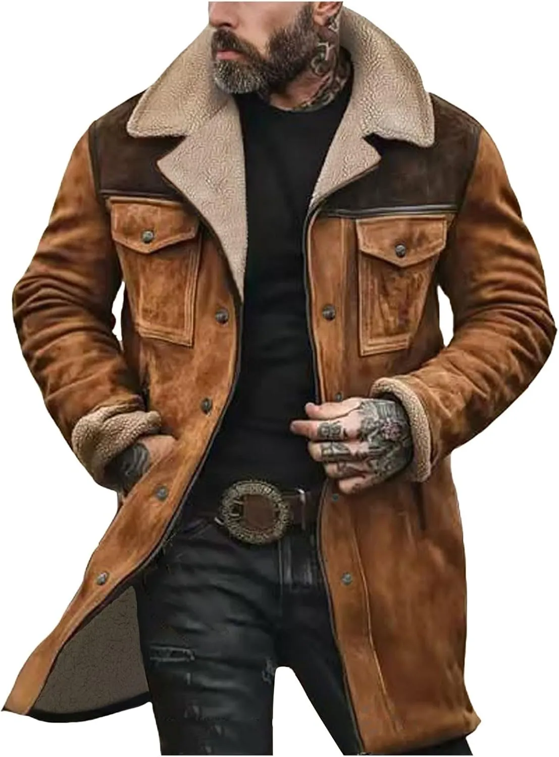 Men Vintage Suede Jacket Plush Collar Coats Faux Leather Winter Long Jackets Men Zip Up Motorcycle Jacket Coats Retro