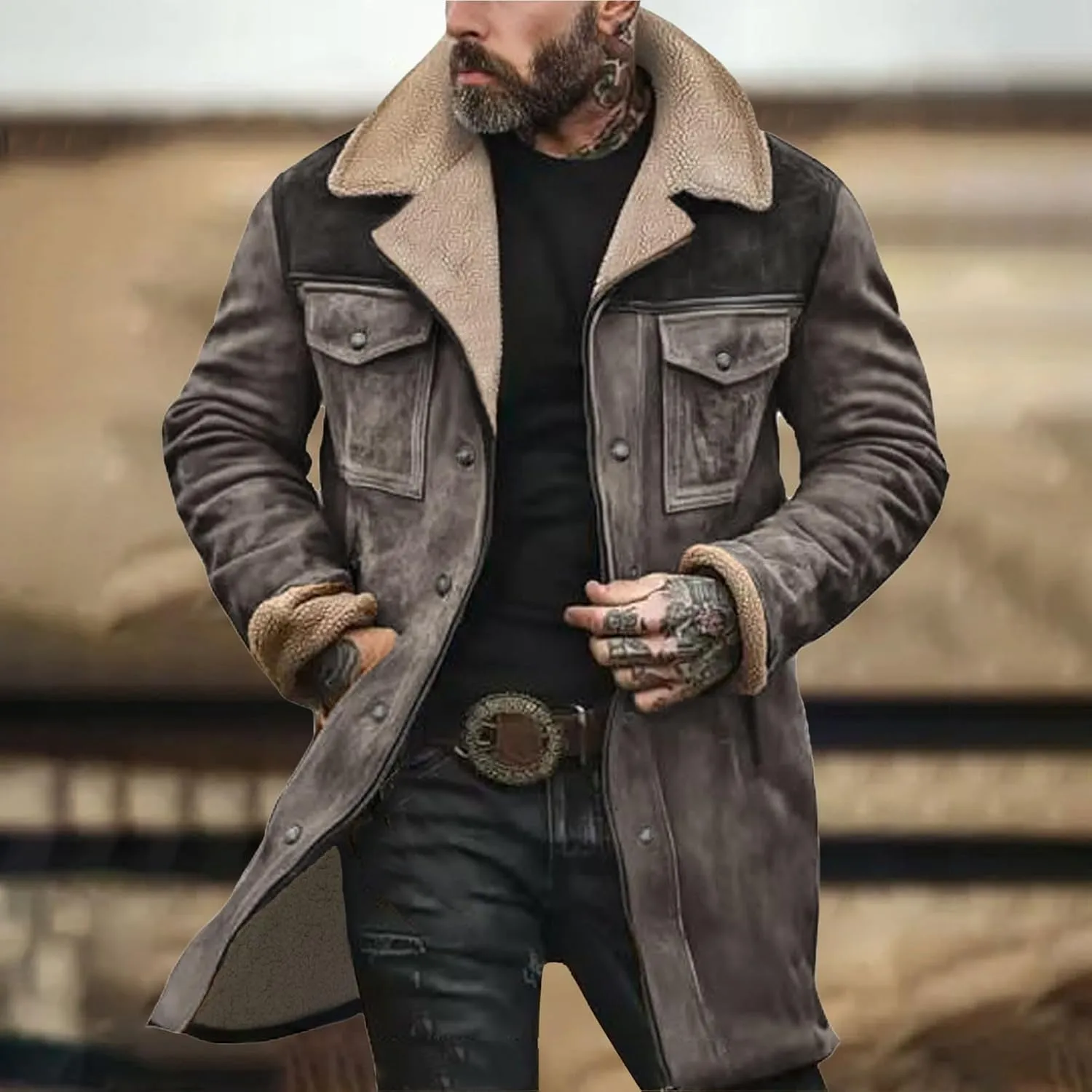 Men Vintage Suede Jacket Plush Collar Coats Faux Leather Winter Long Jackets Men Zip Up Motorcycle Jacket Coats Retro